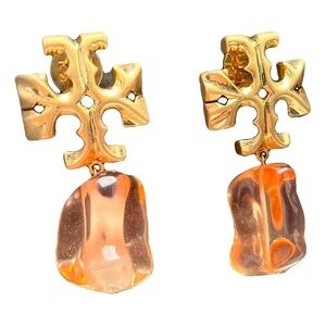 Tory Burch ROXANNE gold logo + orange ice cube drop & dangle statement earrings